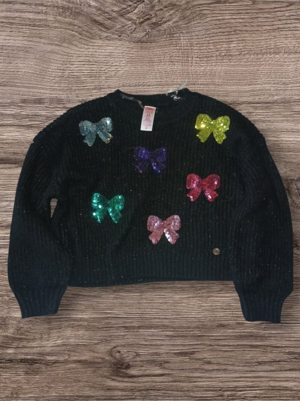 Justice Girls XS Black Sweater Colorful Sequin Bows Cropped Knit